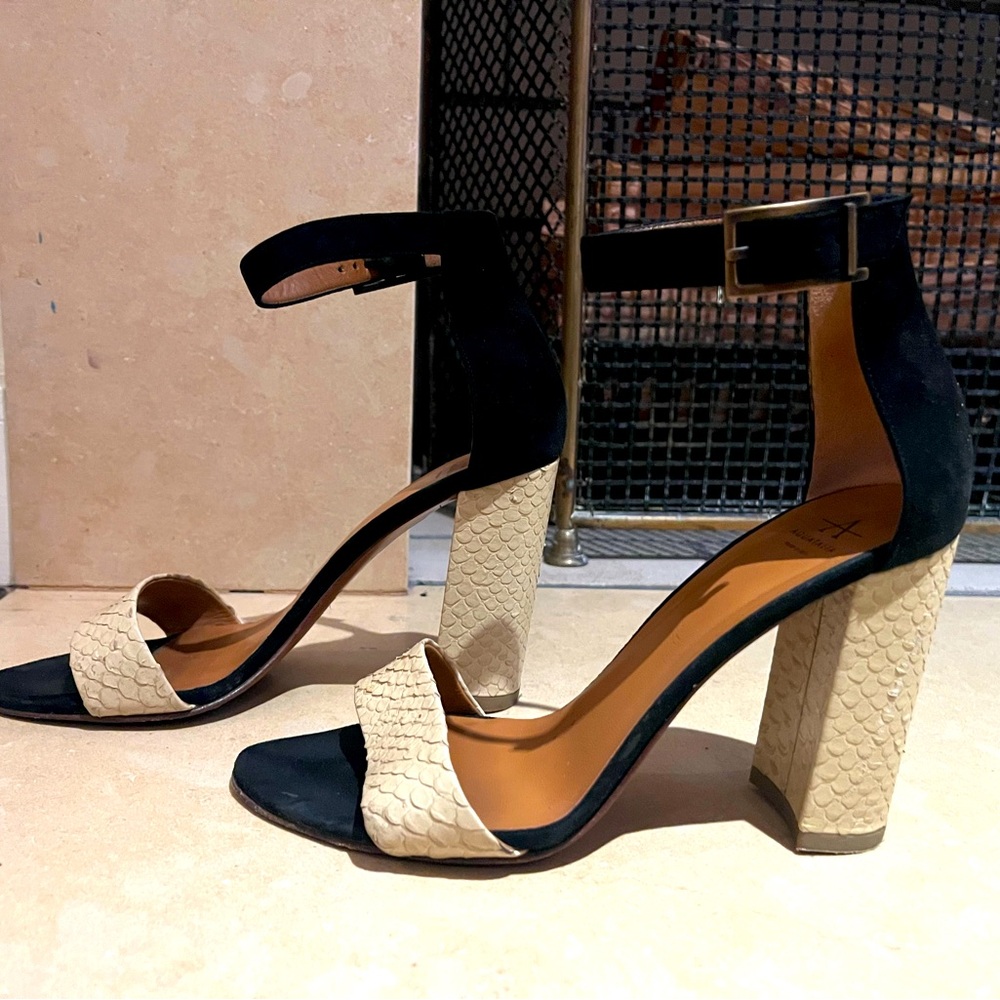 Aquatalia snakeskin crème and black heels